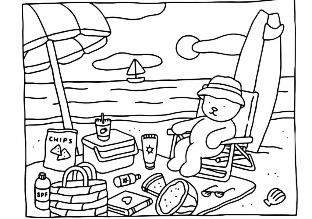 Bobbie Goods bear relaxing on a beach chair by the ocean with snacks, drinks, and summer accessories on the sand.
