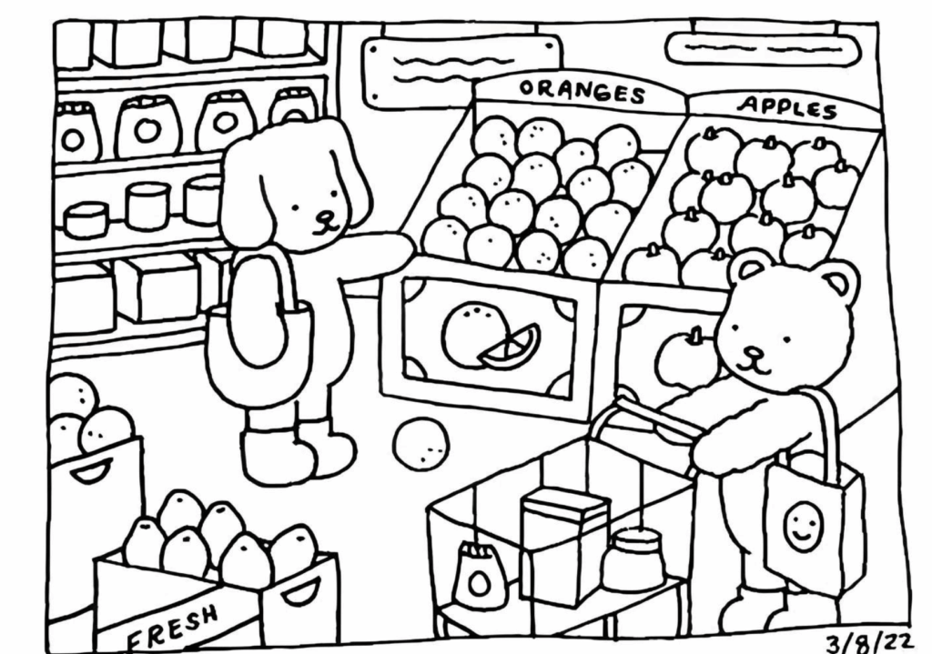 Two Bobbie Goods animal characters shopping for fresh fruits and groceries at a colorful market stand.