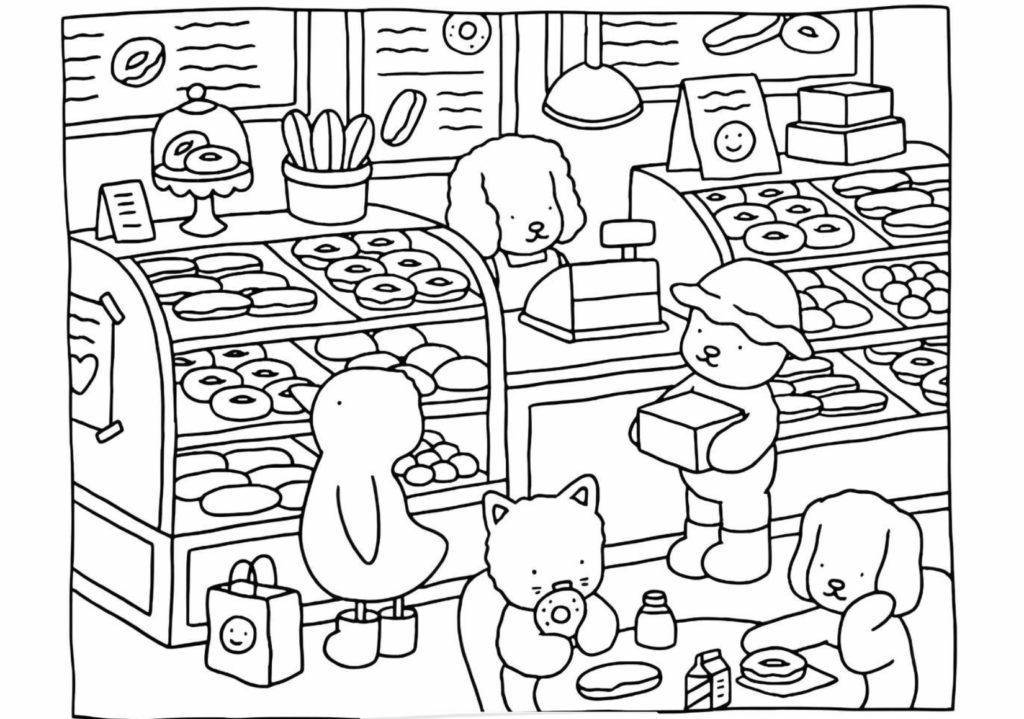 Adorable animal friends exploring a busy grocery store filled with shelves, produce, and shopping baskets.