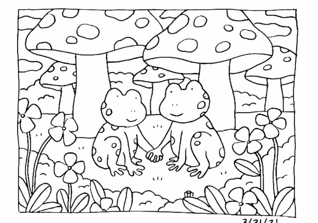 Cute Bobbie Goods cats sitting together beneath giant mushrooms surrounded by flowers and woodland plants.