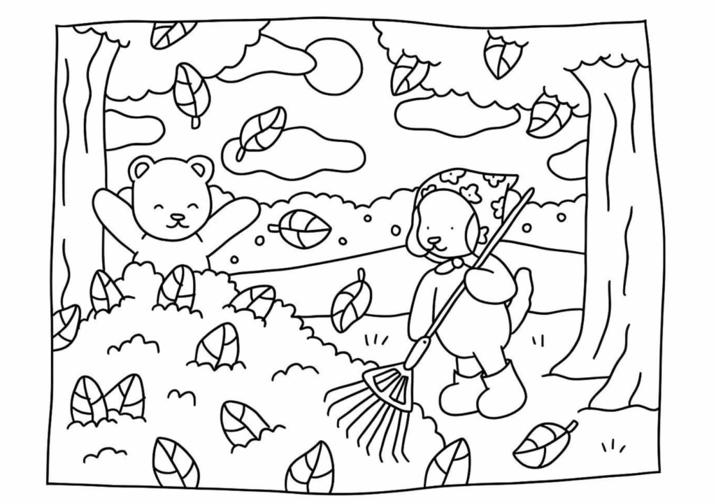 Adorable animal character sweeping autumn leaves in a forest while birds fly overhead among falling leaves.
