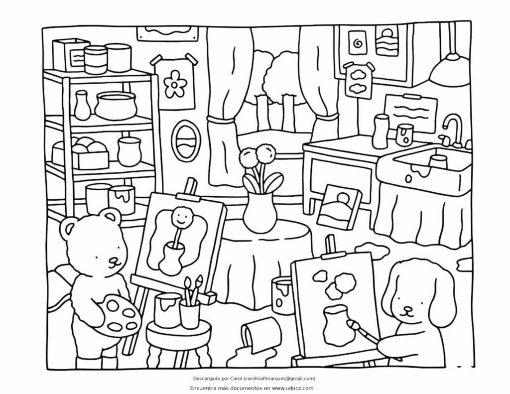 Cute Bobbie Goods animal artist painting on a canvas inside a cozy art studio filled with supplies and decorations.