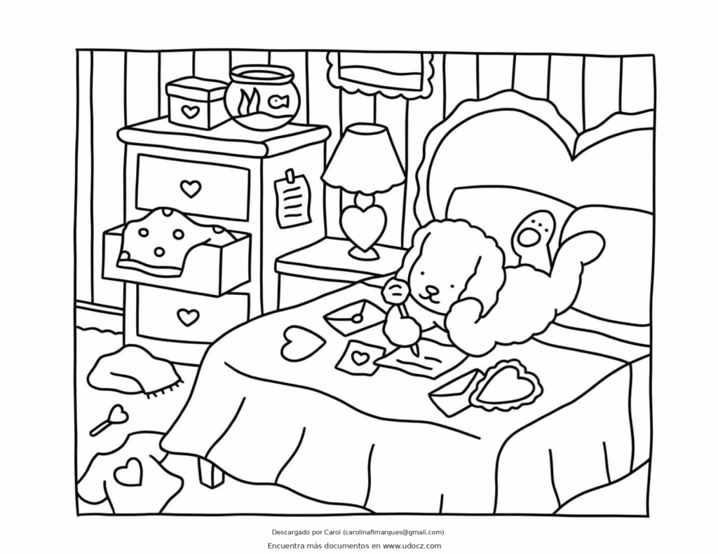 Sweet Bobbie Goods puppy lying on a bed while writing love letters surrounded by heart-shaped decorations in a cozy bedroom.