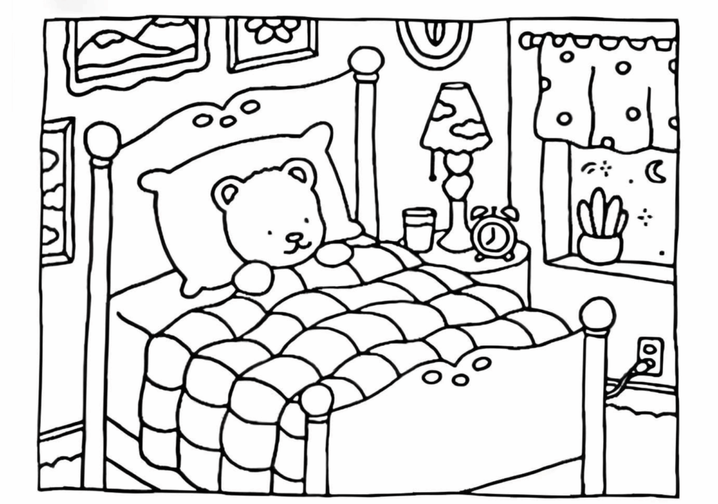 Cute teddy bear tucked into bed in a cozy bedroom surrounded by decorative pillows, lamps, and heart-themed decorations.