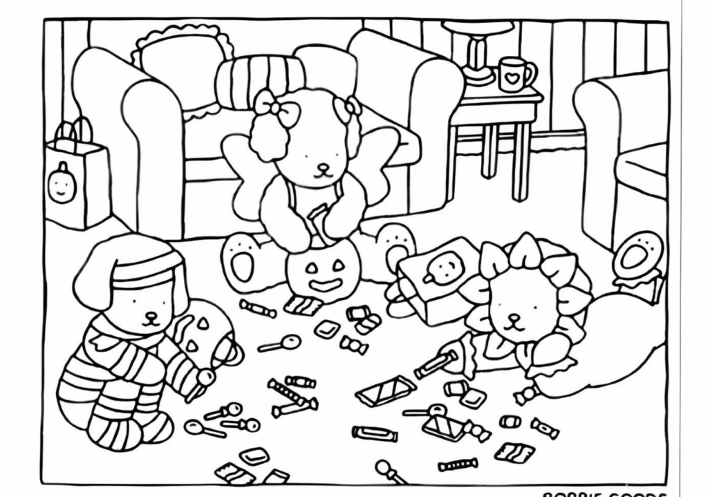 Bobbie Goods animal friends playing together on the floor of a living room filled with toys and stuffed animals.