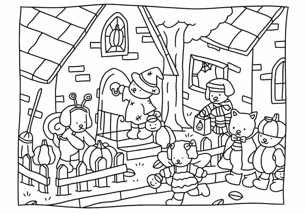 Friendly animal neighbors gathered outside cozy houses in a cheerful Bobbie Goods village scene.