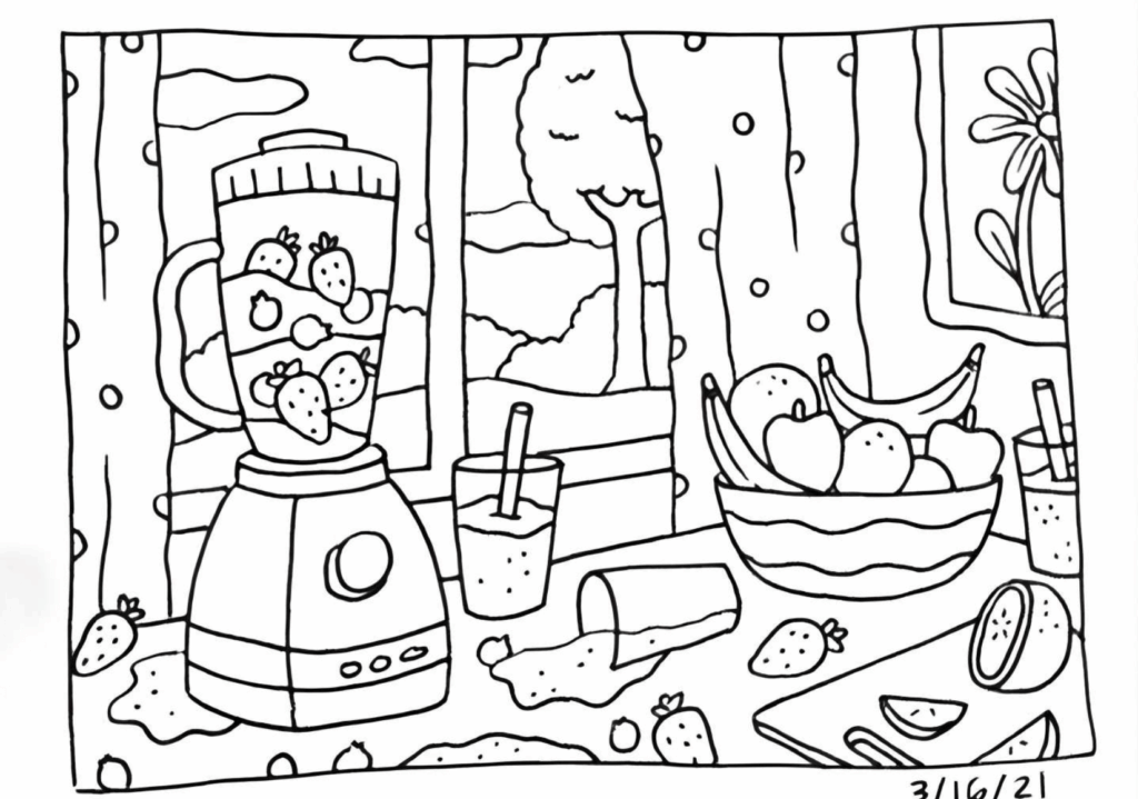 Cute Bobbie Goods character standing beside a large blender in a cozy kitchen with fruit and cooking supplies.