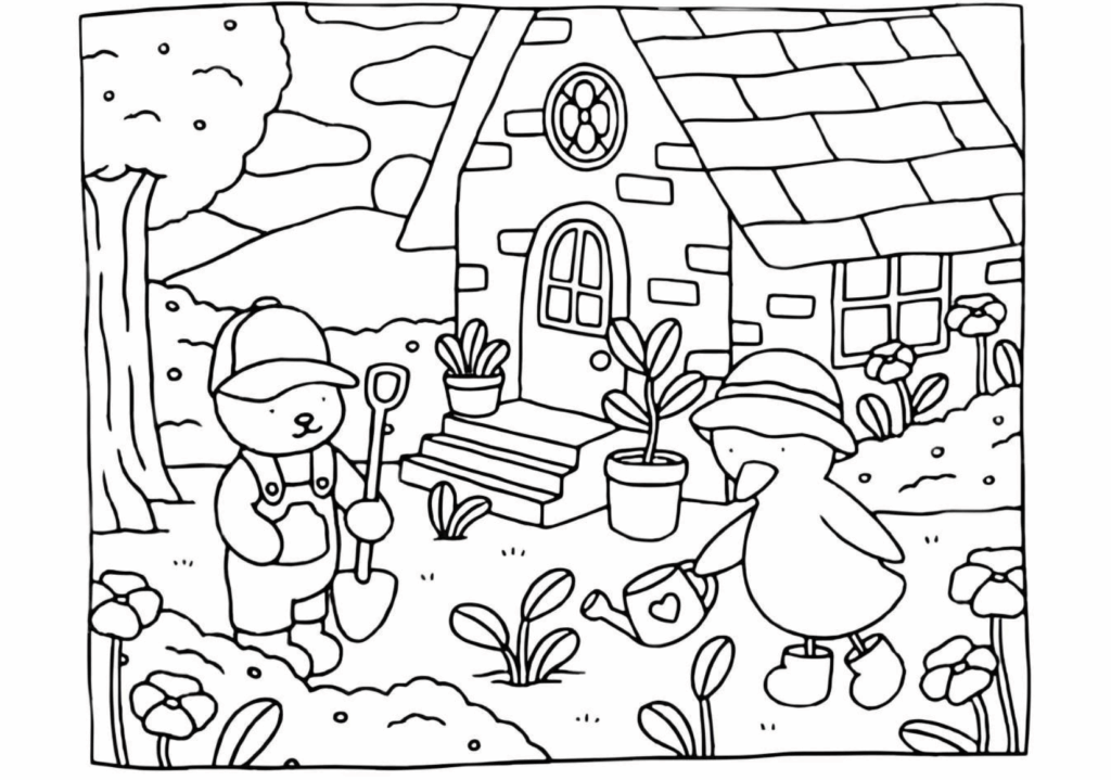 Adorable animal character gardening outside a cottage surrounded by flowers, plants, and garden decorations.