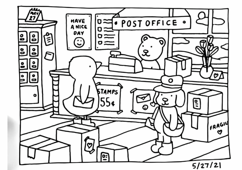 Bobbie Goods bear working at a post office counter surrounded by packages, letters, and mailing supplies.