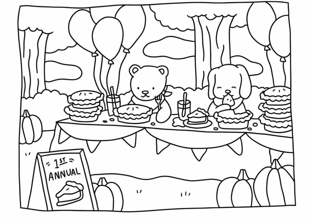 Cute animal friends enjoying a picnic outdoors with balloons, food, and festive decorations in a forest setting.