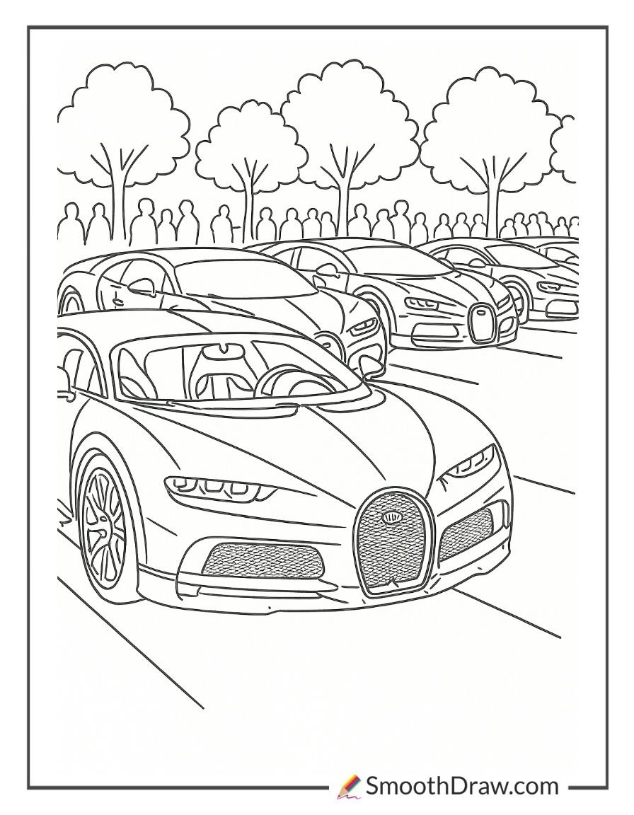 Bugatti sports cars lined up in a parking lot with trees in the background coloring page