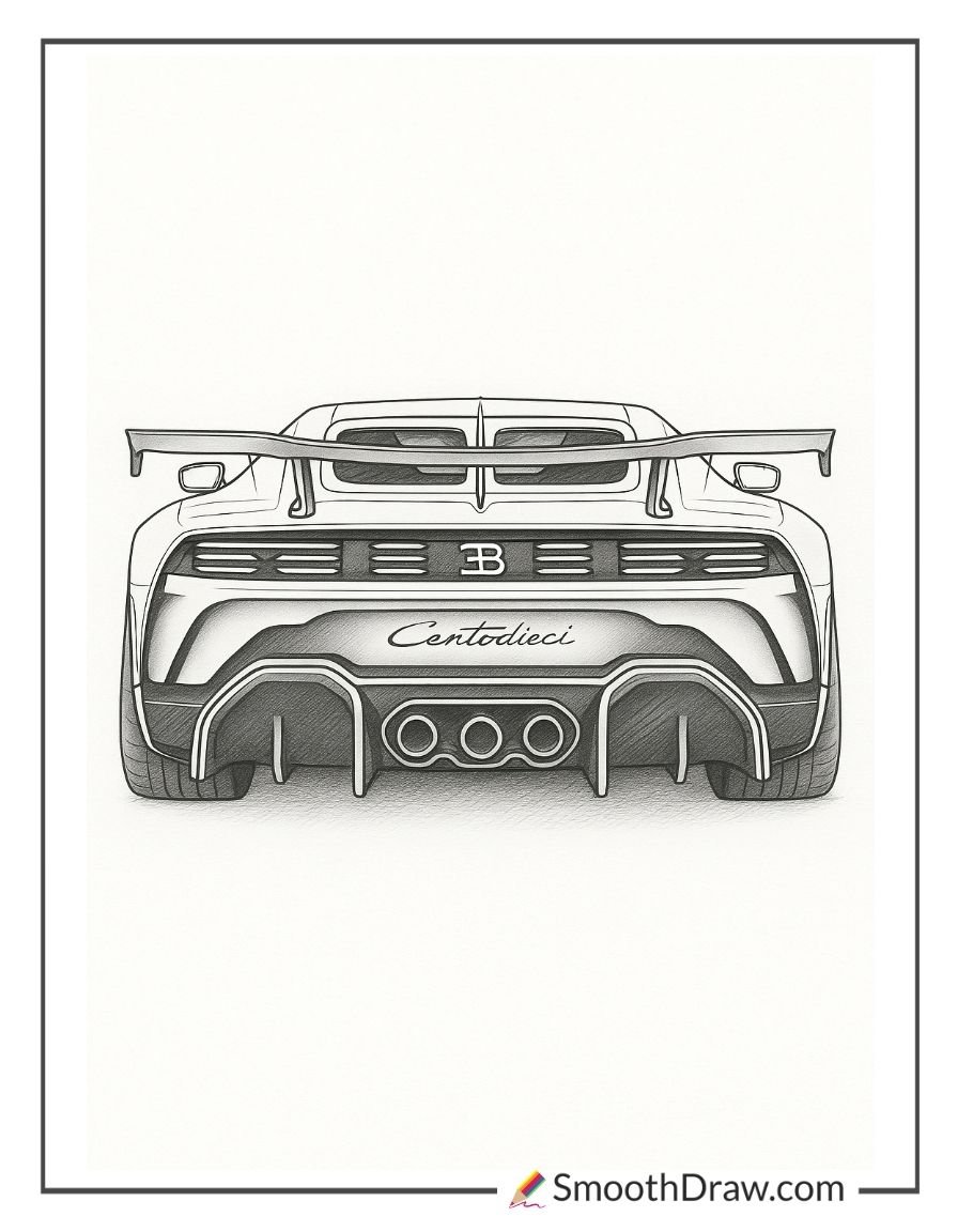 Rear view of a Bugatti race car with a large spoiler coloring page