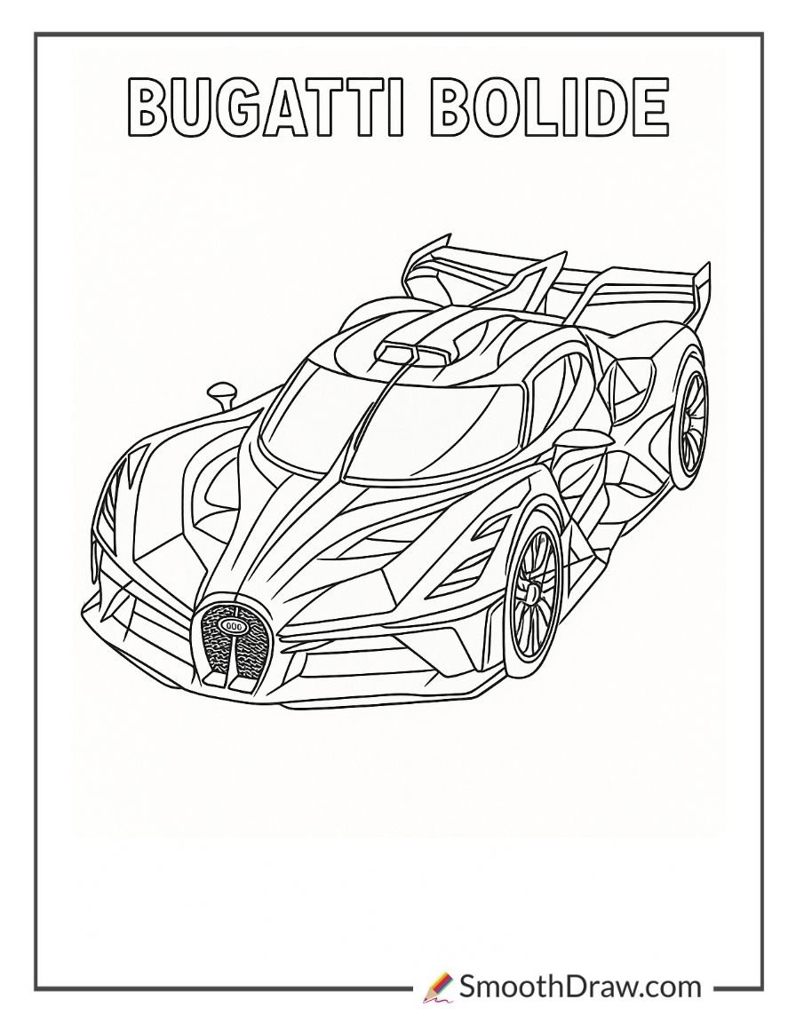 Bugatti Bolide hypercar front view coloring page
