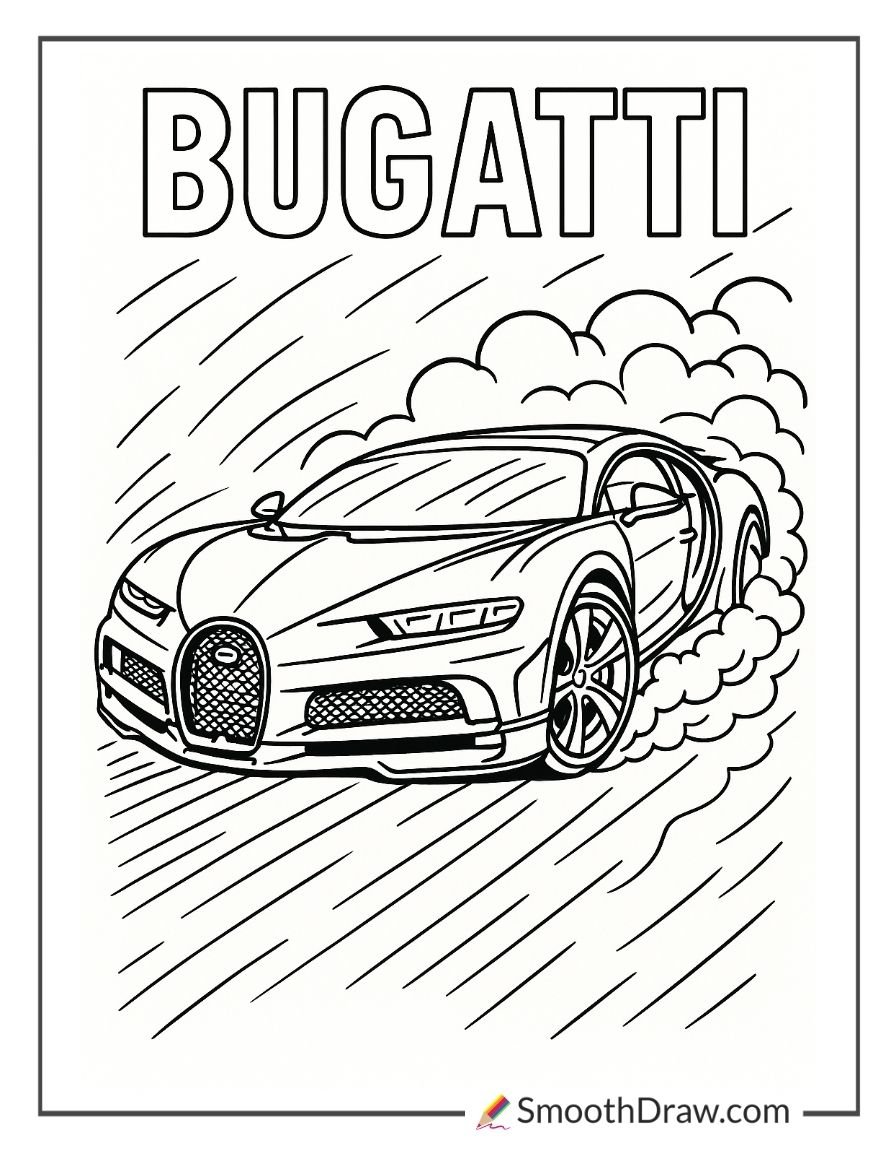 Bugatti sports car speeding through rain and motion lines coloring page