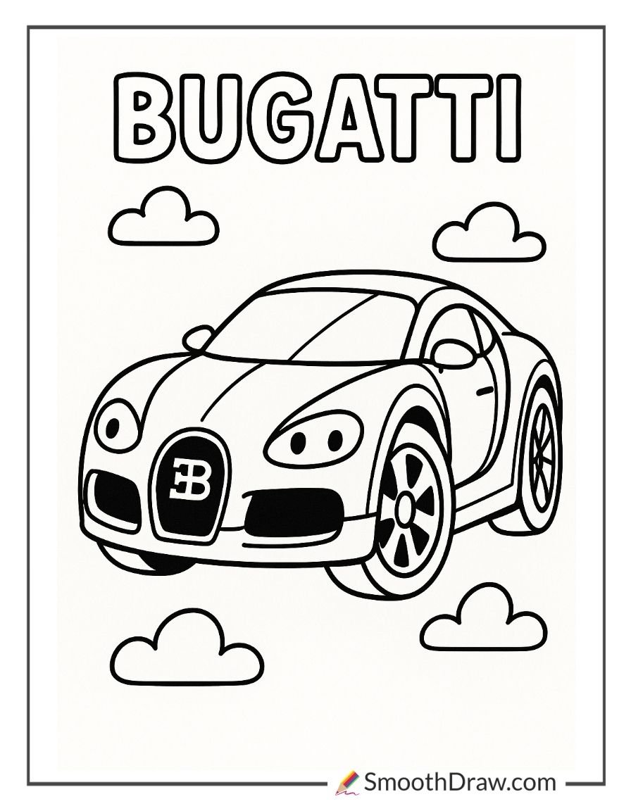 Cute cartoon Bugatti car with clouds coloring page