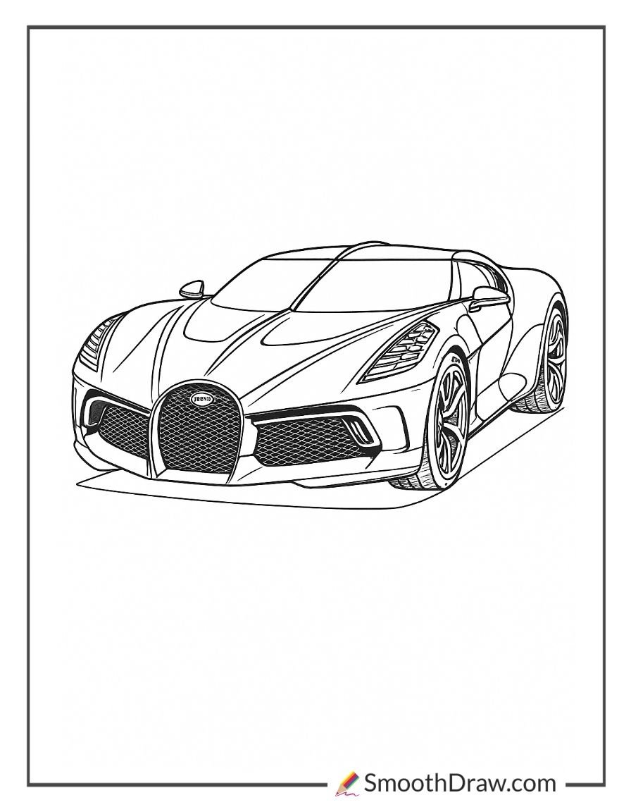 Bugatti hypercar front three-quarter view coloring page