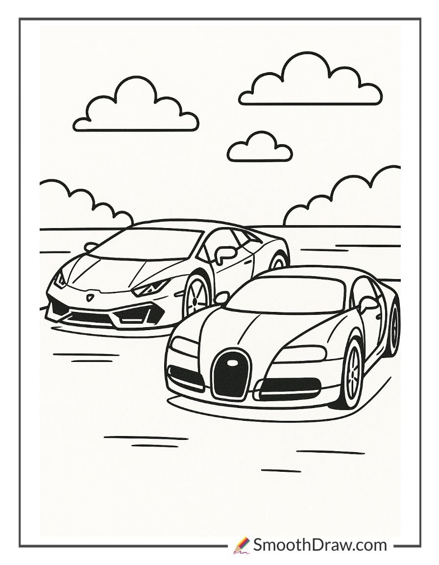 Bugatti and Lamborghini supercars driving on a road coloring page