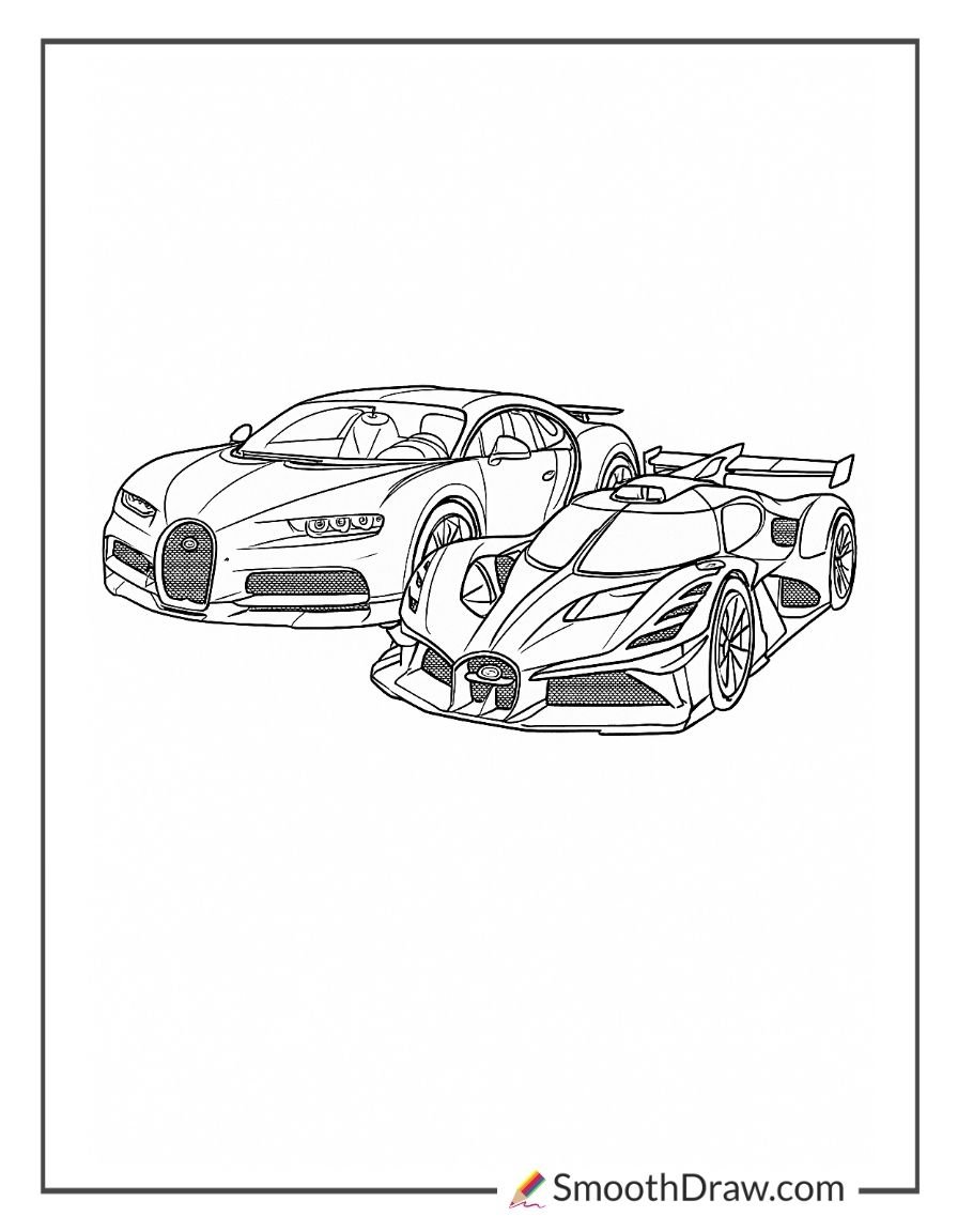 Two Bugatti hypercars parked side by side coloring page