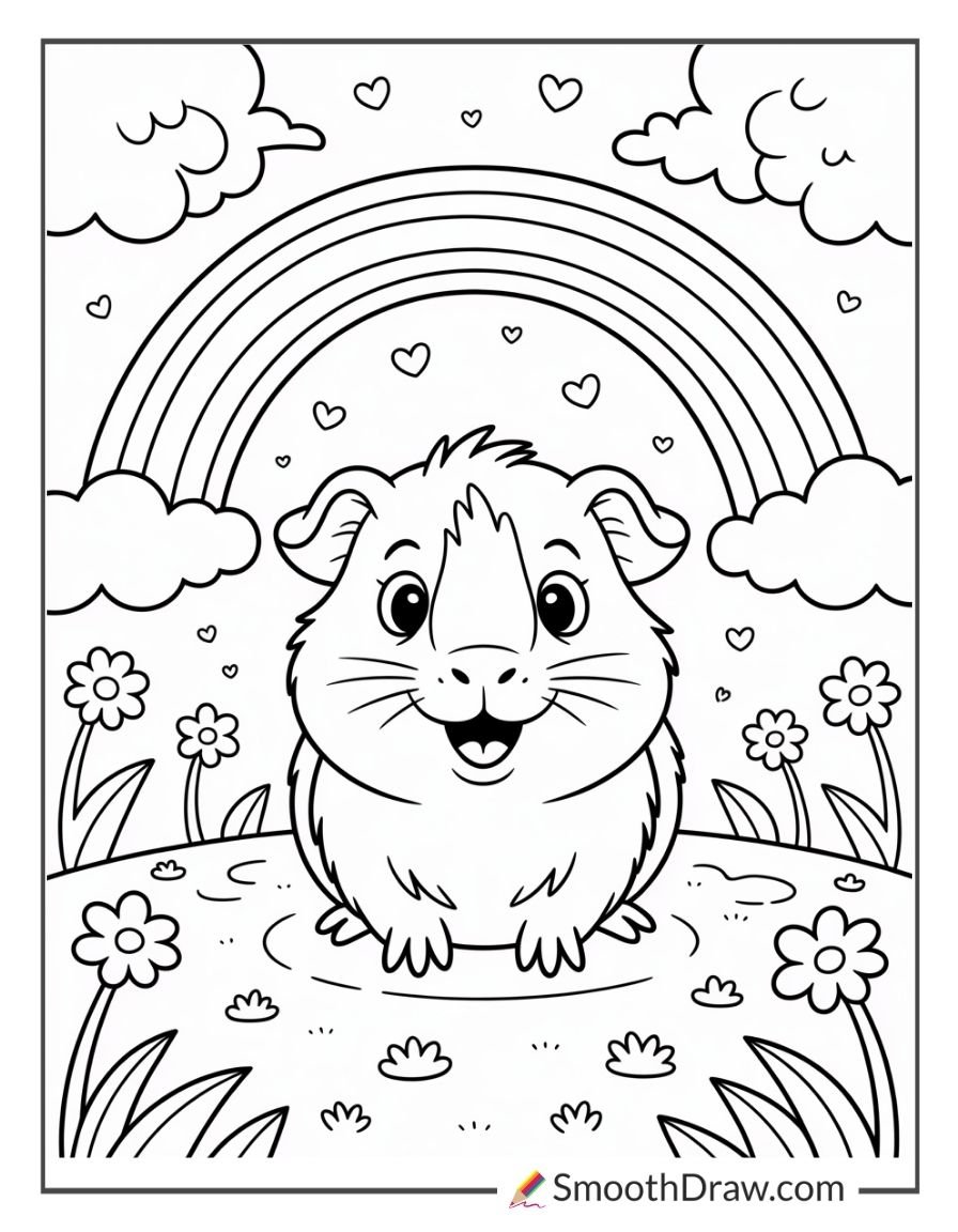 Cheerful guinea pig standing beneath a rainbow among flowers and grass coloring page