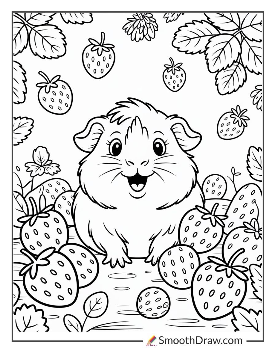 Cute guinea pig surrounded by strawberries and strawberry leaves in a garden-themed coloring page