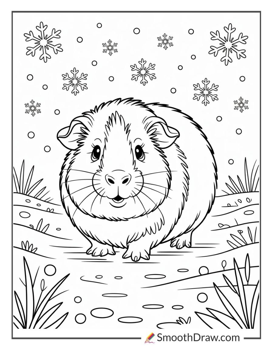 Fluffy guinea pig outdoors with snowflakes falling around it in a winter-themed coloring page
