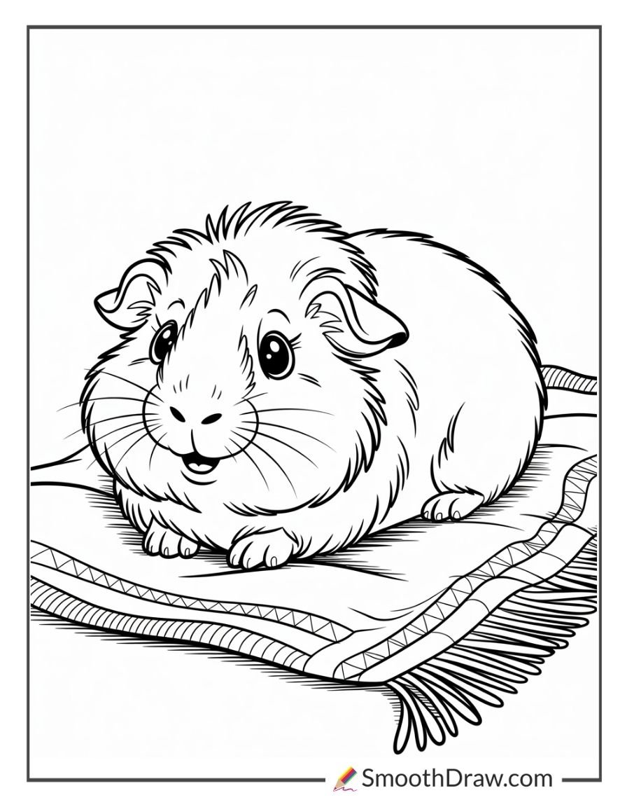 Adorable guinea pig resting on a cozy blanket with a simple background coloring page