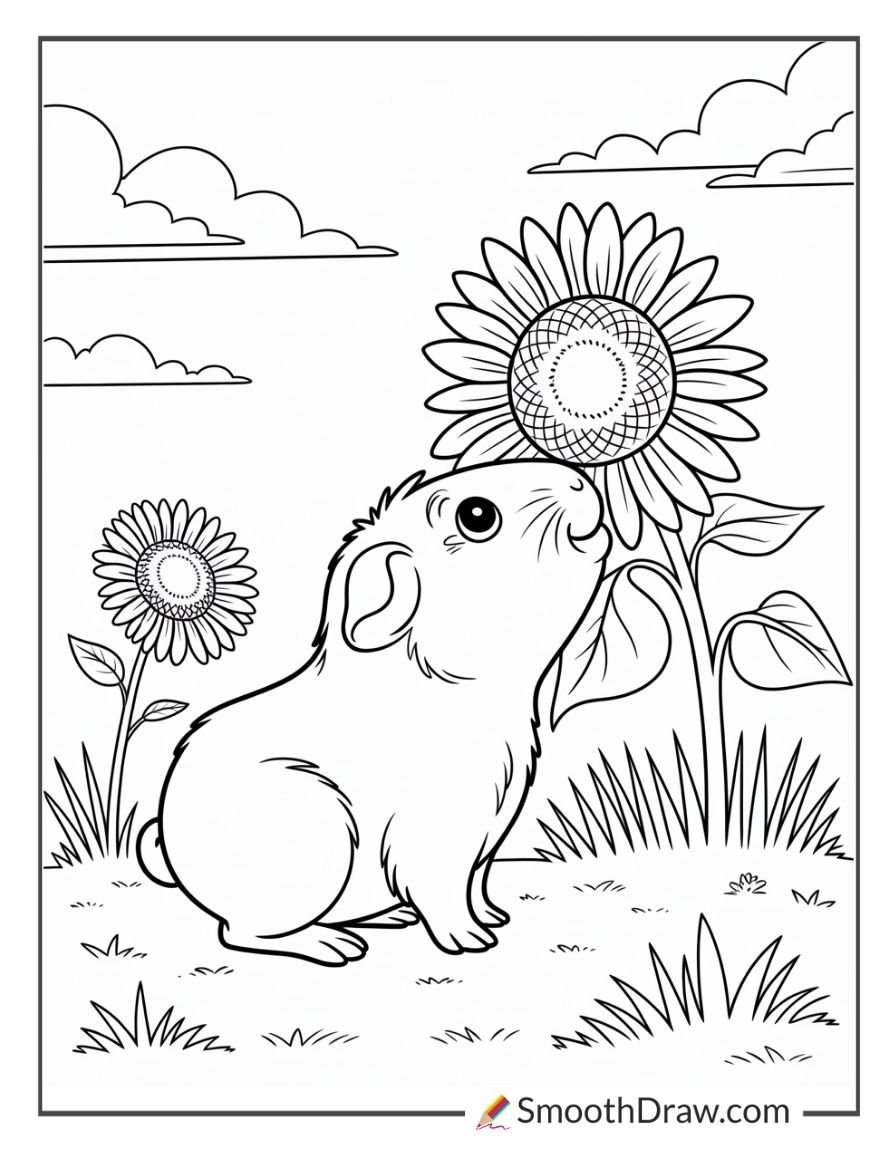 Happy guinea pig sitting beside large sunflowers in a sunny outdoor scene coloring page