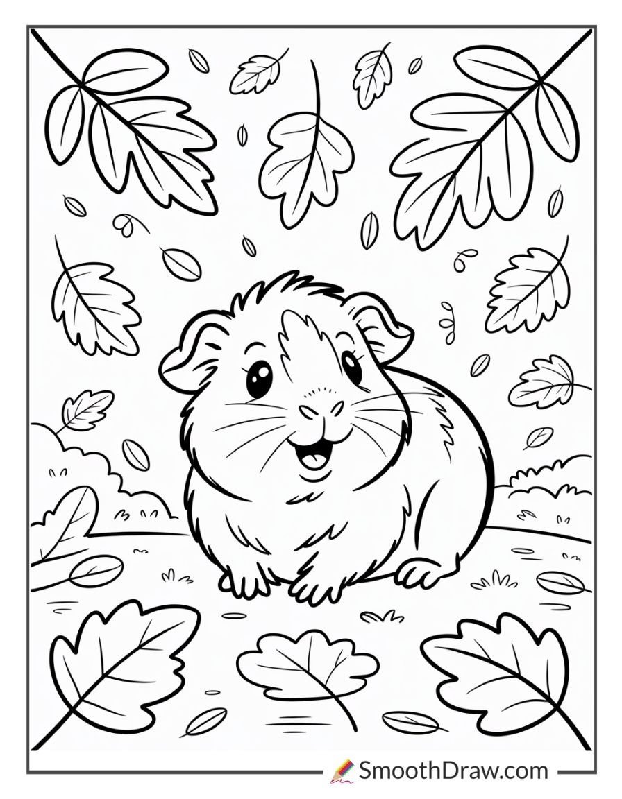 Smiling guinea pig surrounded by falling autumn leaves in a seasonal coloring page