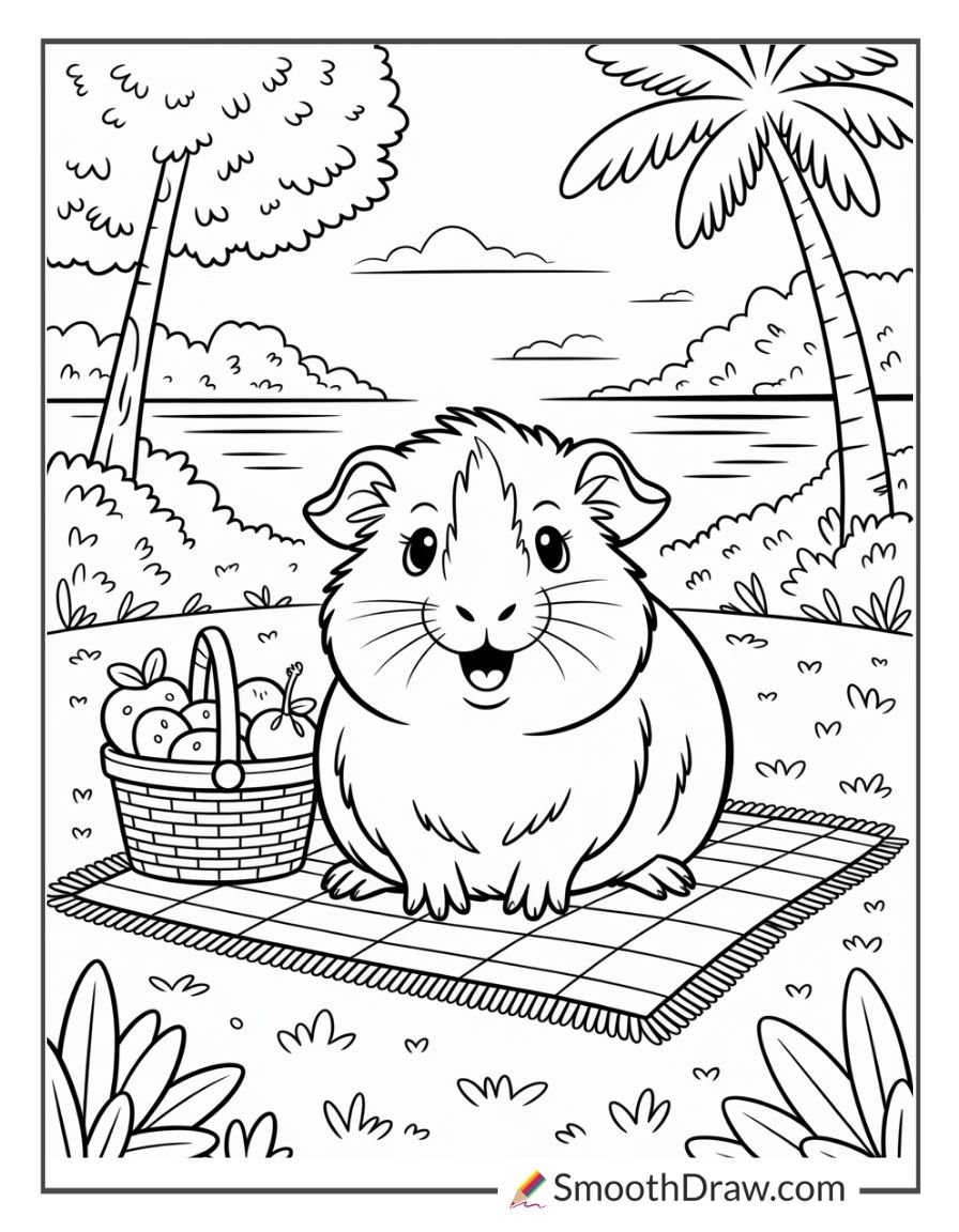 Guinea pig sitting on a picnic blanket near a basket in a peaceful park setting coloring page