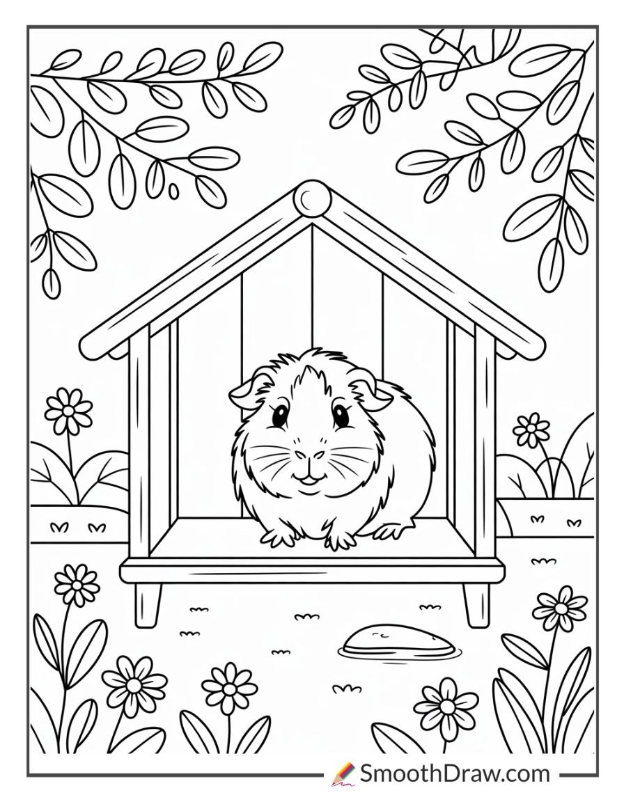 Cute guinea pig inside a small wooden shelter surrounded by flowers and garden plants coloring page