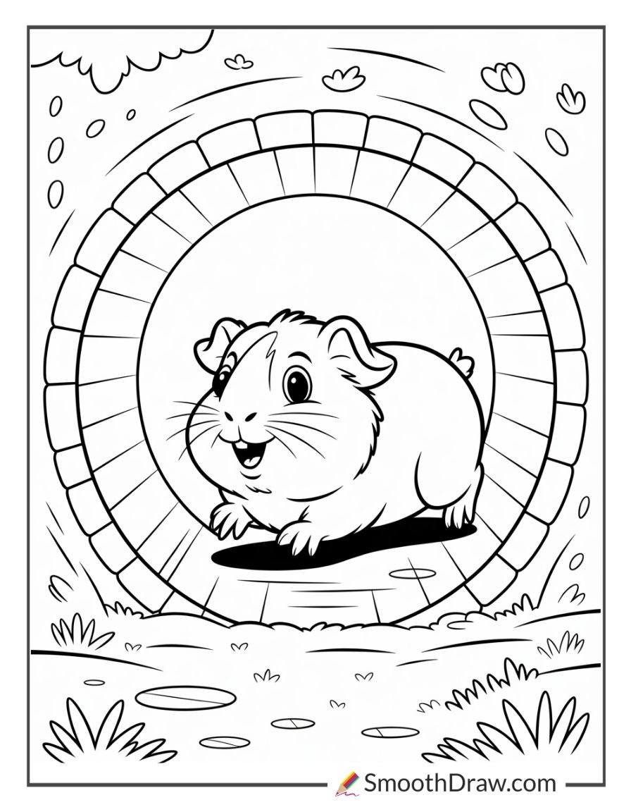 Guinea pig running inside an exercise wheel with a playful backyard background coloring page