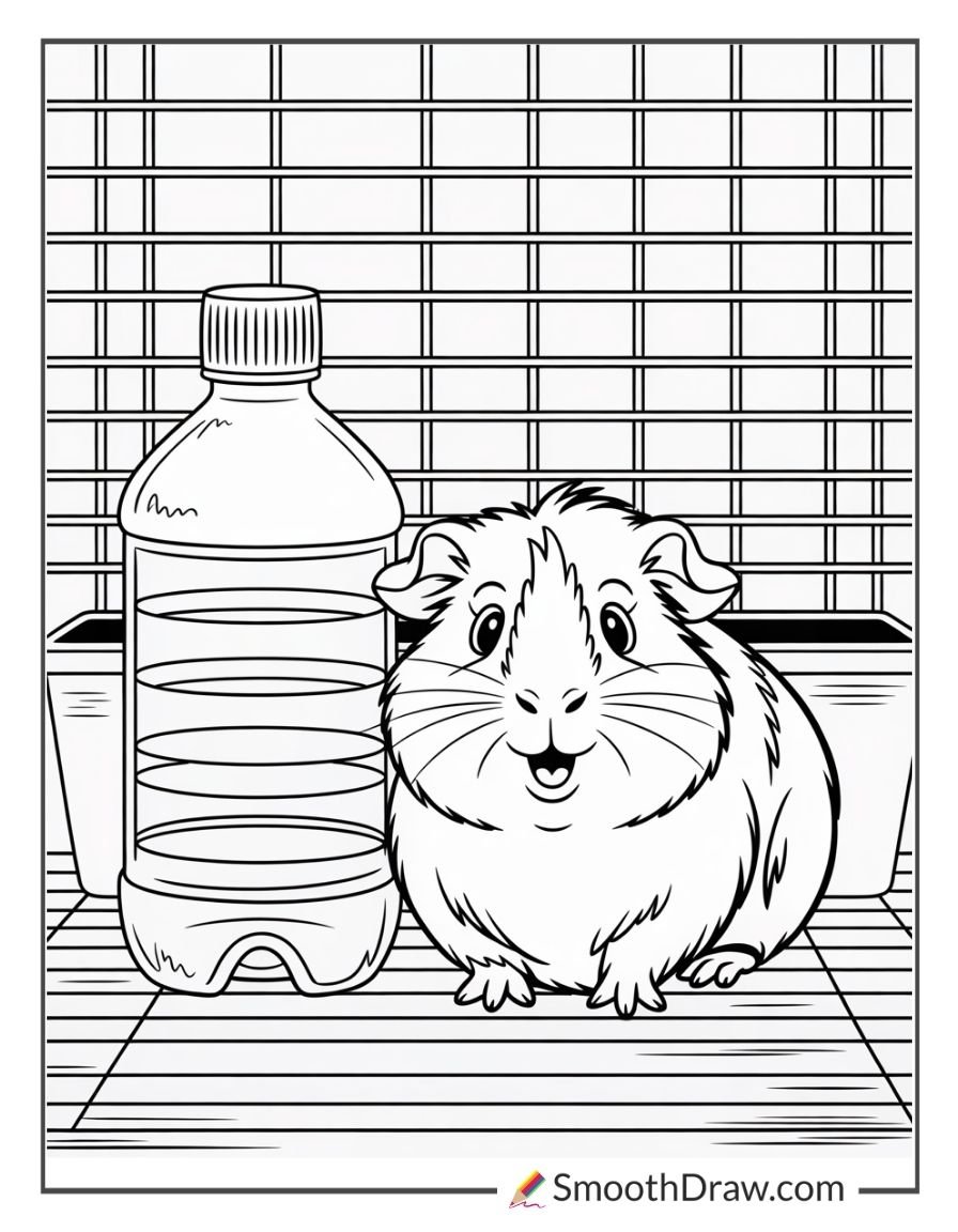 Guinea pig sitting next to a water bottle inside a cage in a pet care coloring page