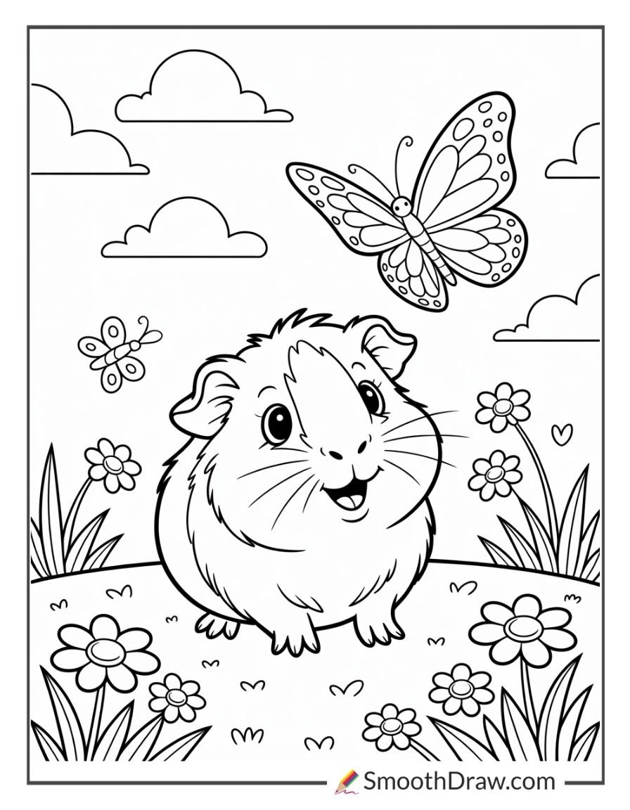 Cute guinea pig watching a butterfly in a flower-filled meadow coloring page