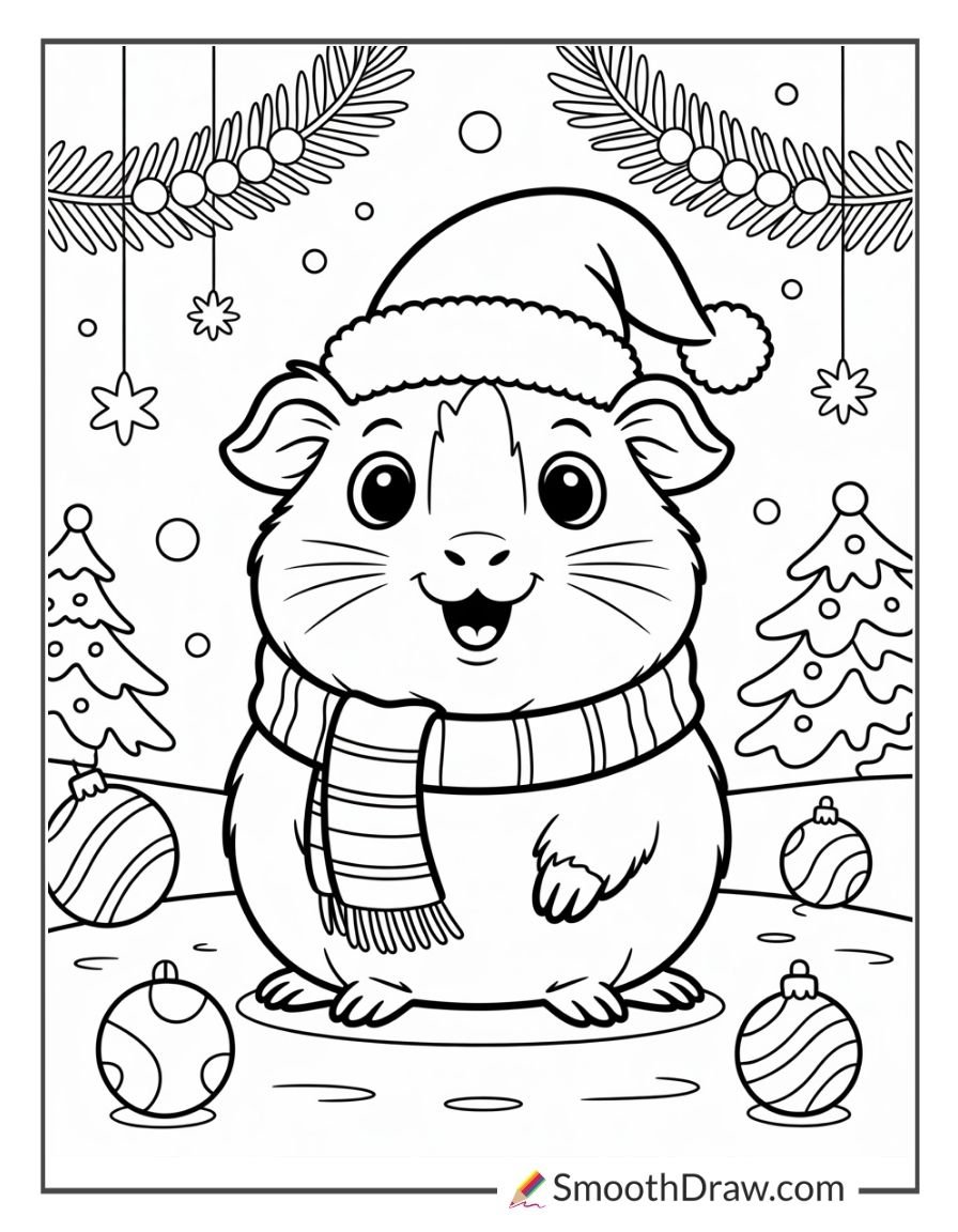 Festive guinea pig wearing a Santa hat and scarf in a Christmas winter coloring page