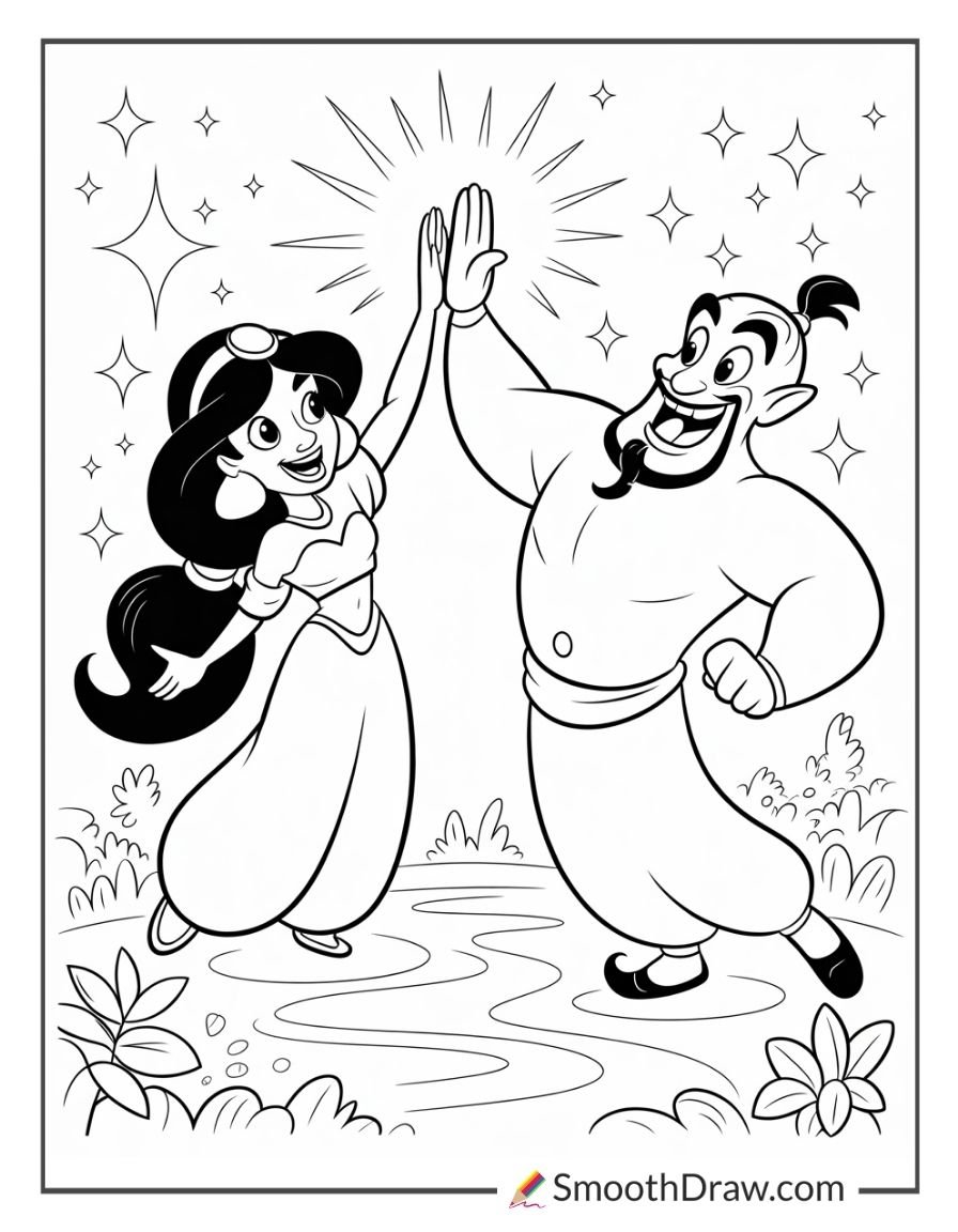 Princess Jasmine and Aladdin celebrating together with a joyful high-five surrounded by sparkling stars