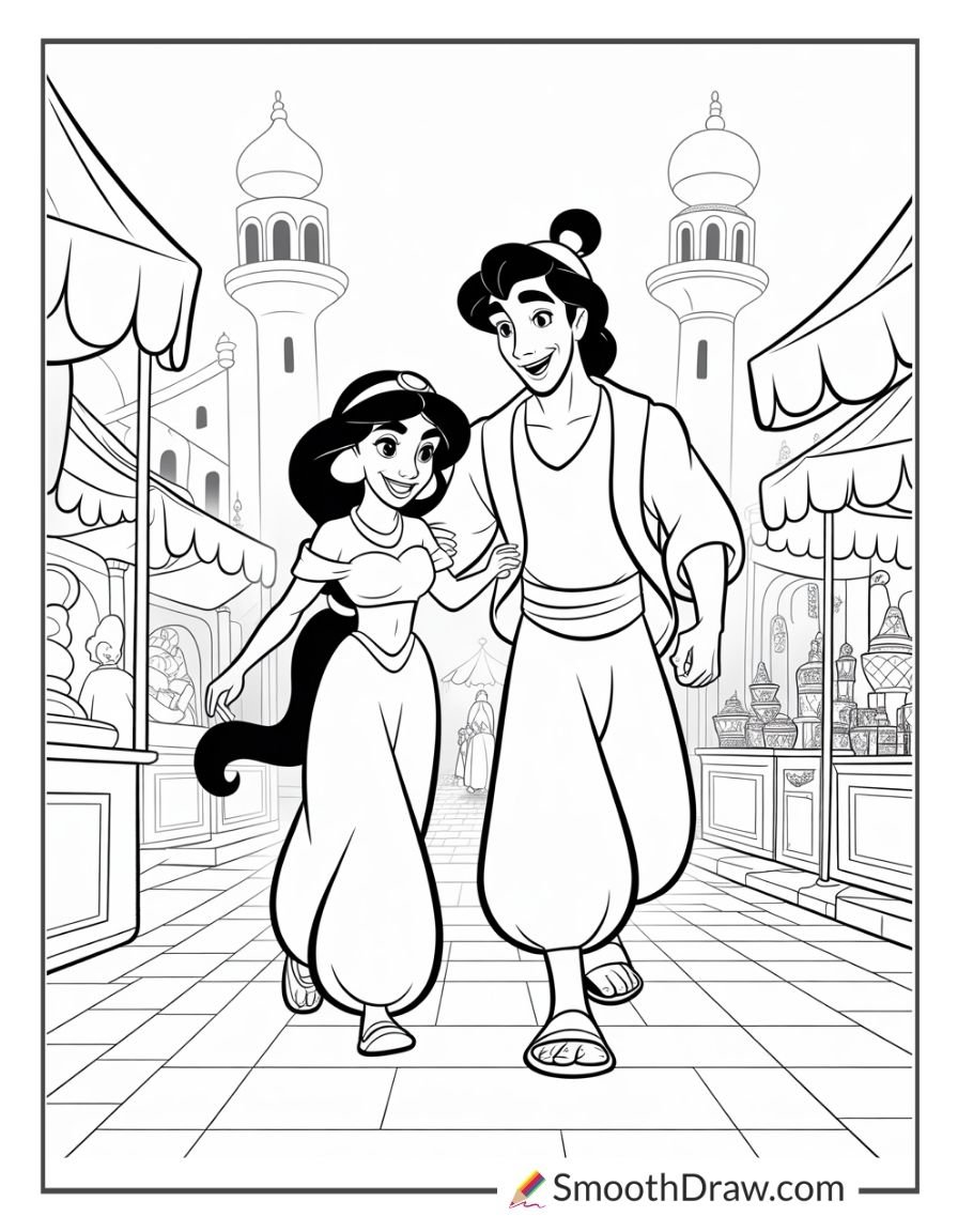 Princess Jasmine and Aladdin walking hand in hand through a beautiful palace marketplace