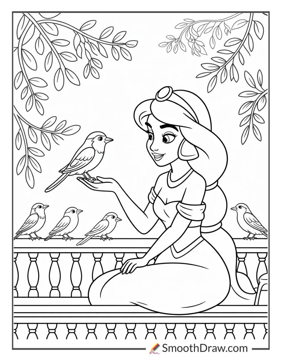 Princess Jasmine sitting on a balcony, gently holding a bird while other birds perch nearby