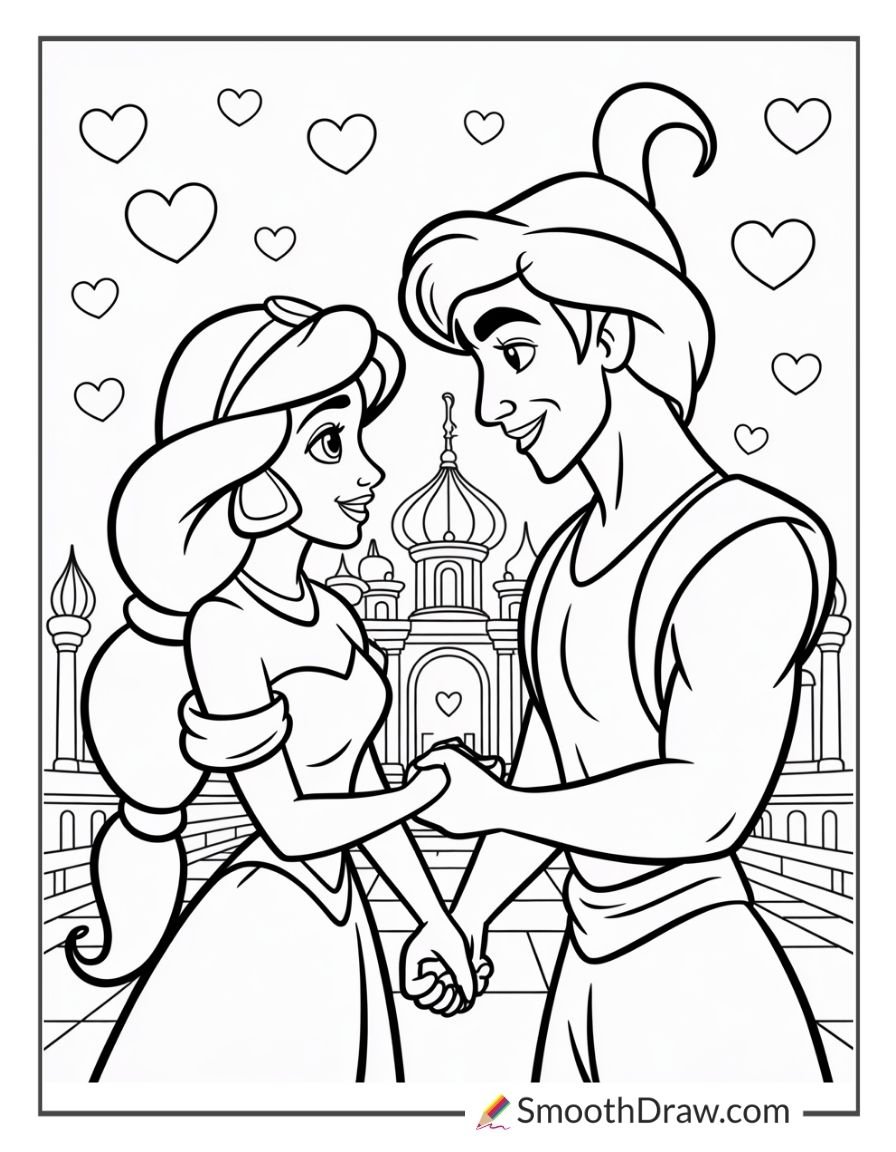 Princess Jasmine and Aladdin holding hands in a romantic scene filled with floating hearts
