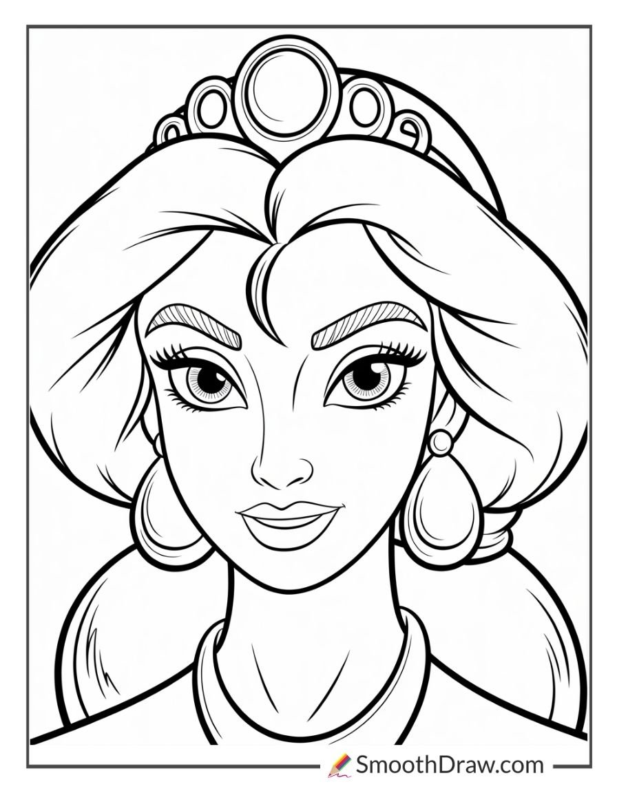 Close-up portrait of Princess Jasmine wearing her royal tiara and earrings