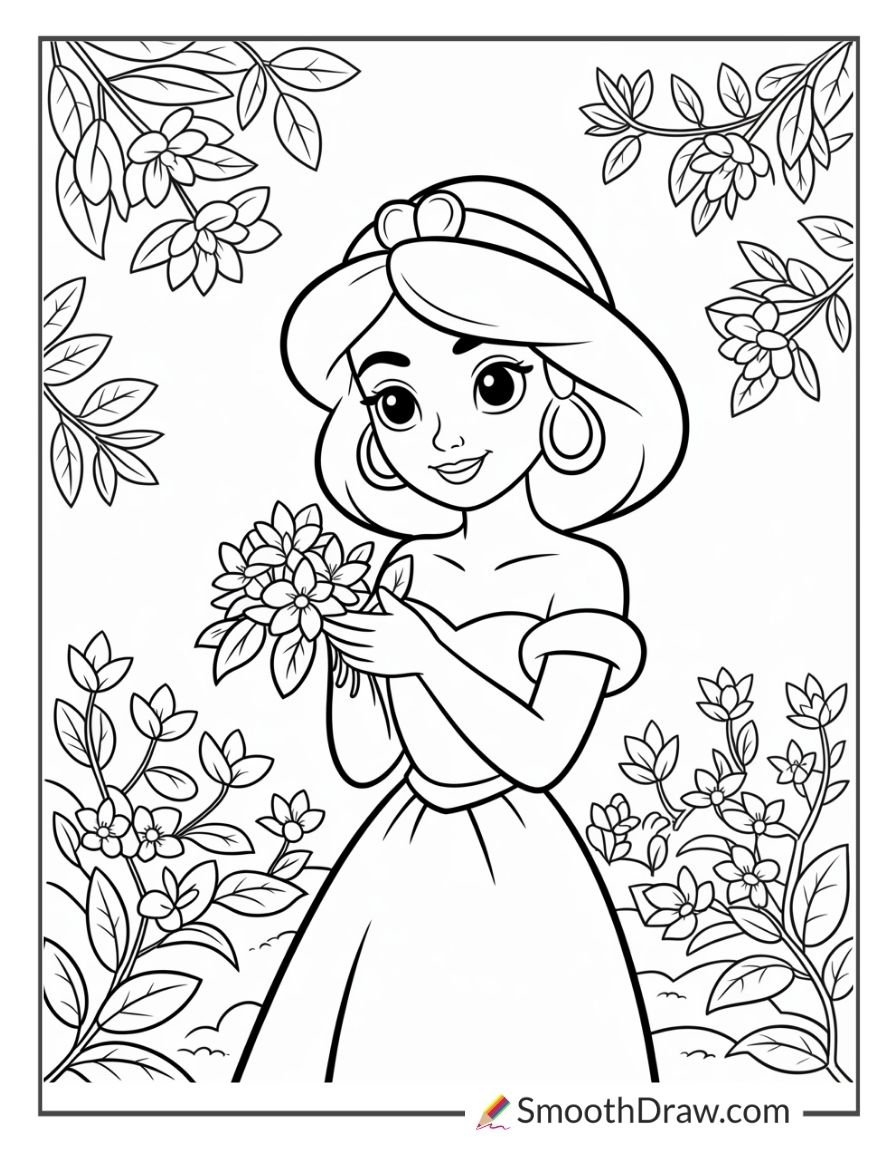 Cute Princess Jasmine standing in a blooming garden filled with flowers and leaves
