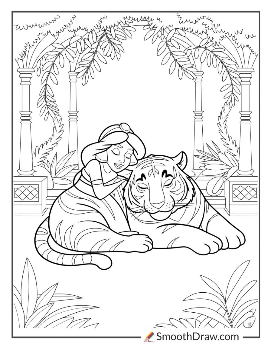 Princess Jasmine relaxing beside Rajah the tiger in an elegant palace garden