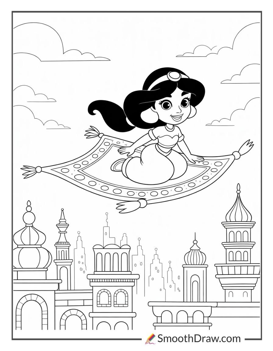 Princess Jasmine flying on a magic carpet above the city of Agrabah