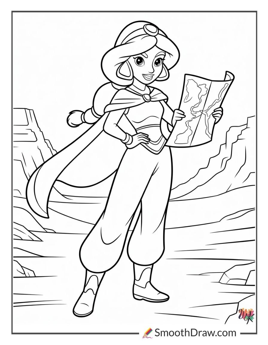 Princess Jasmine holding a treasure map while exploring a desert landscape