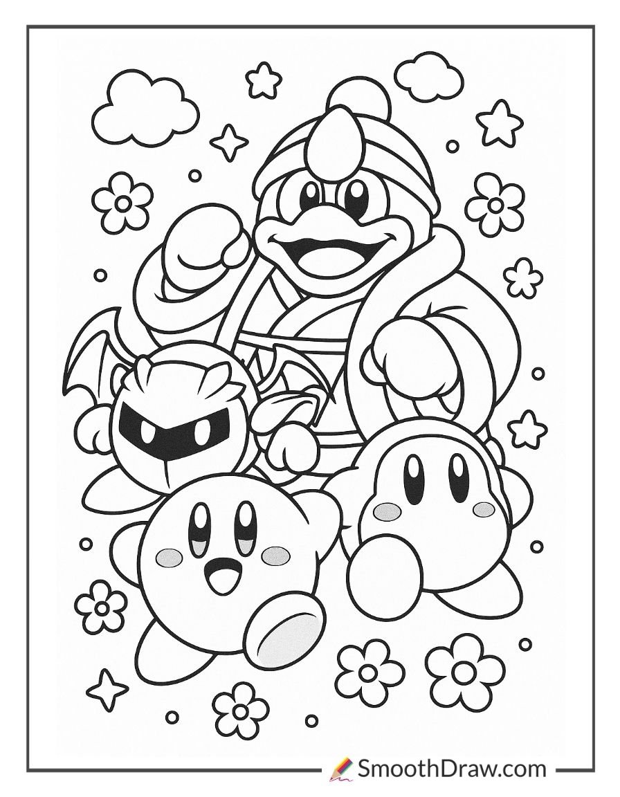 King Dedede standing behind Kirby and friends surrounded by flowers coloring page