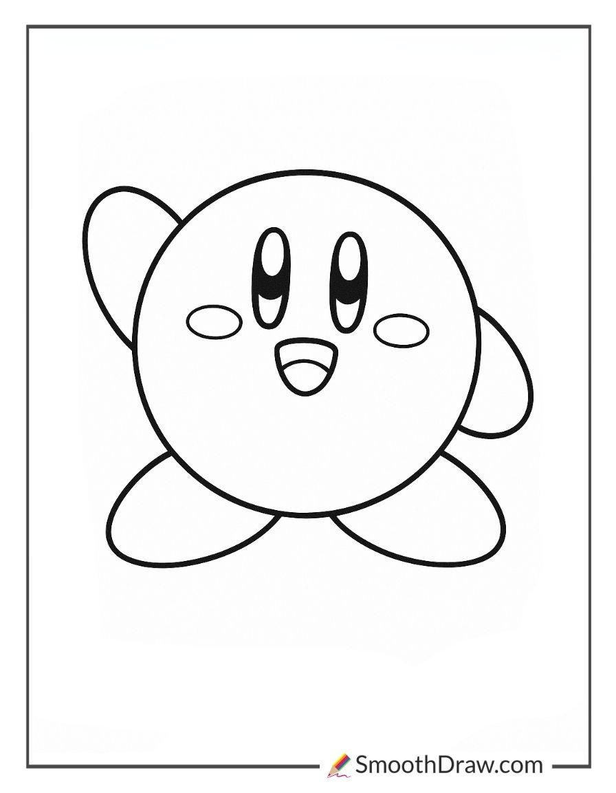 Simple happy Kirby standing with a cheerful smile coloring page