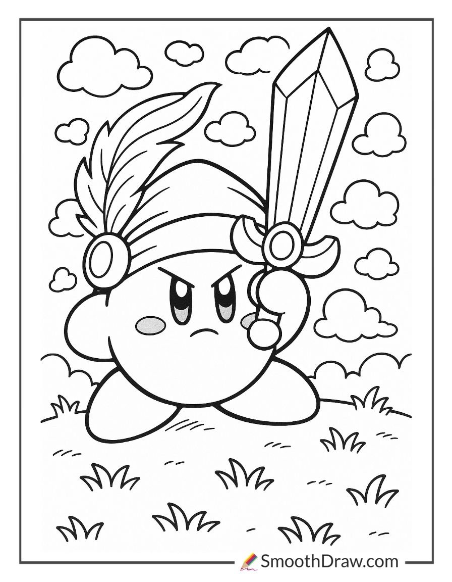 Sword Kirby holding a large crystal sword in a grassy field with clouds coloring page