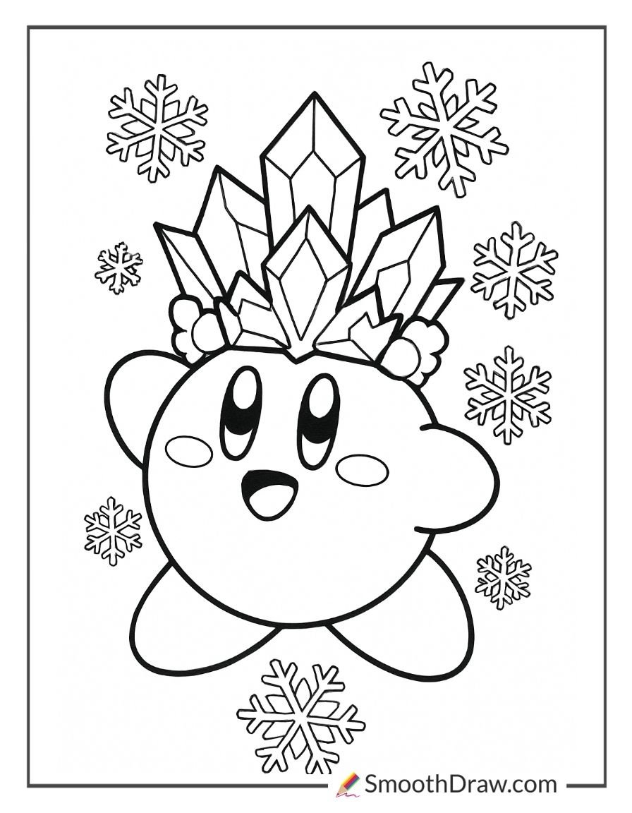 Ice Kirby with a sparkling crystal crown and snowflakes coloring page