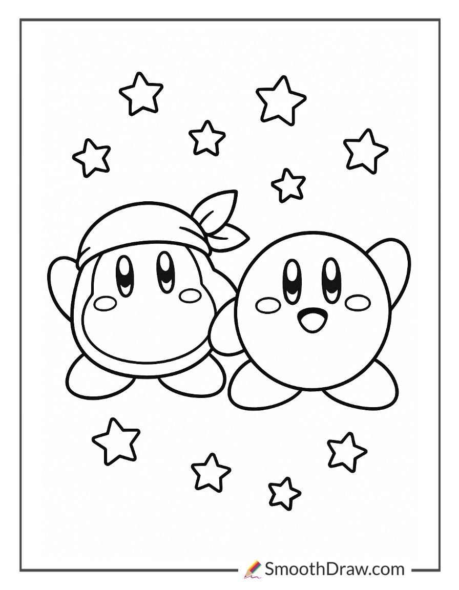 Kirby and Bandana Waddle Dee together under a starry sky coloring page