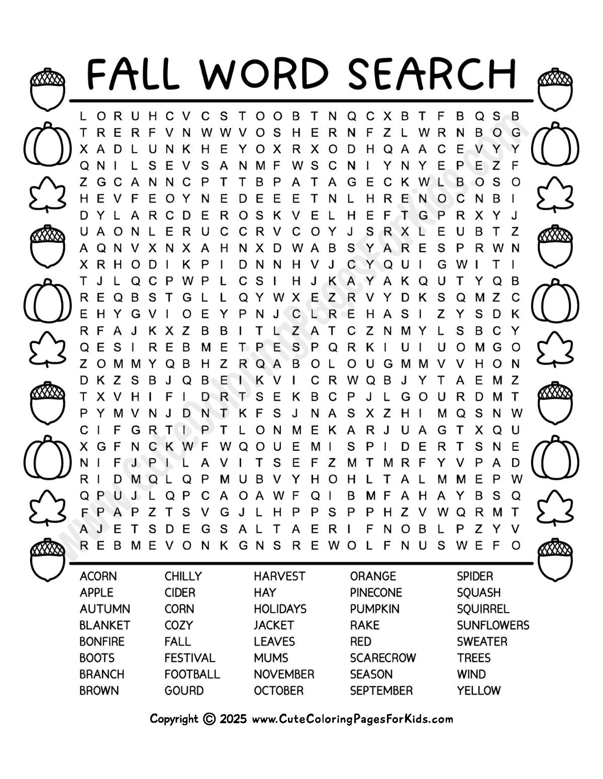 Free Fall Word Search Printables for Kids