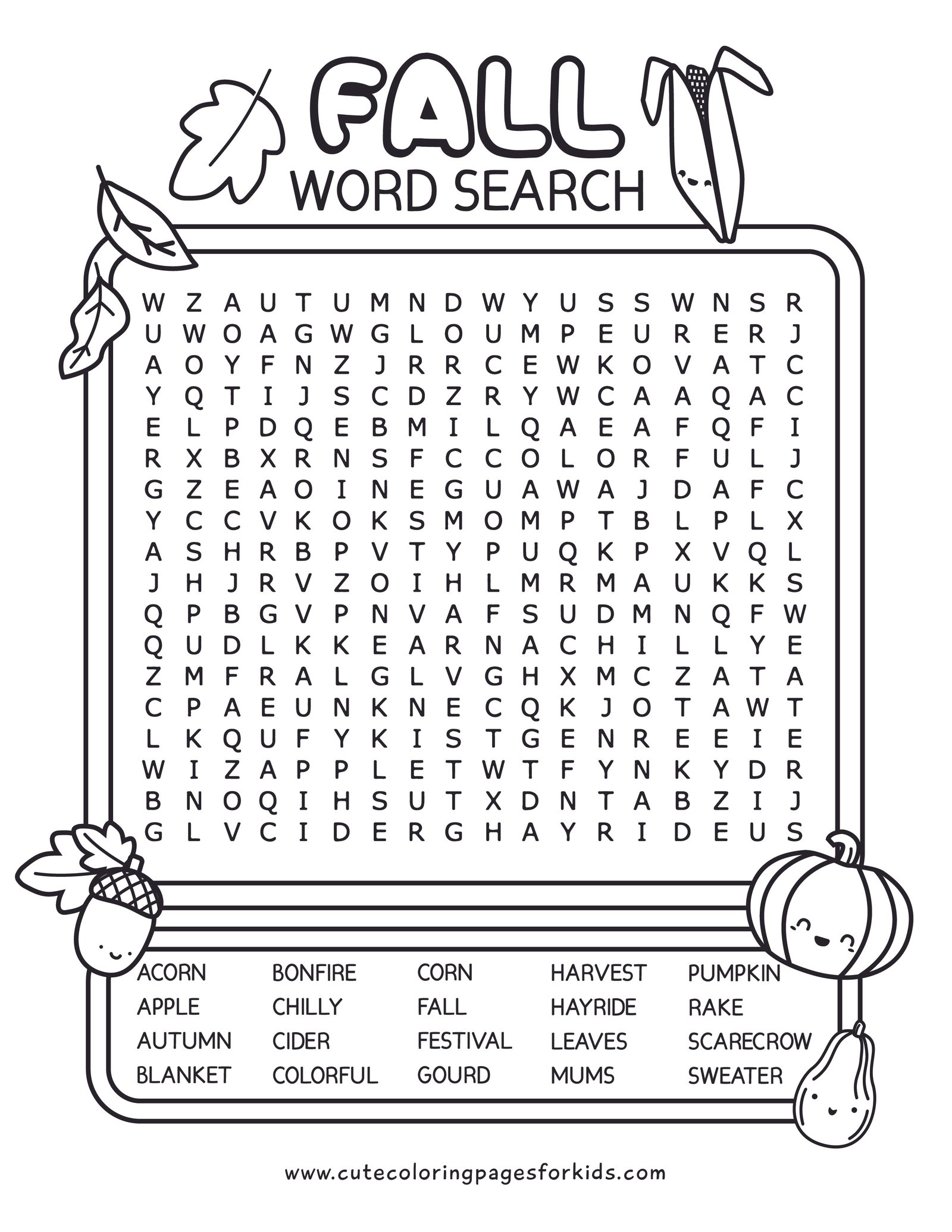 Free Fall Word Search Printables for Kids